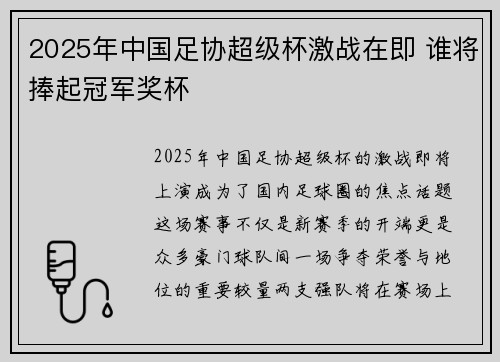 2025年中国足协超级杯激战在即 谁将捧起冠军奖杯