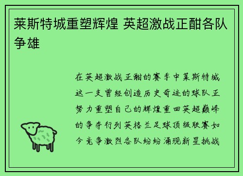 莱斯特城重塑辉煌 英超激战正酣各队争雄